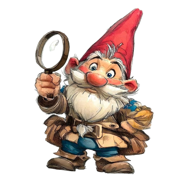 The Fegnome mascot — a watercolor gnome with a red hat, holding a magnifying glass